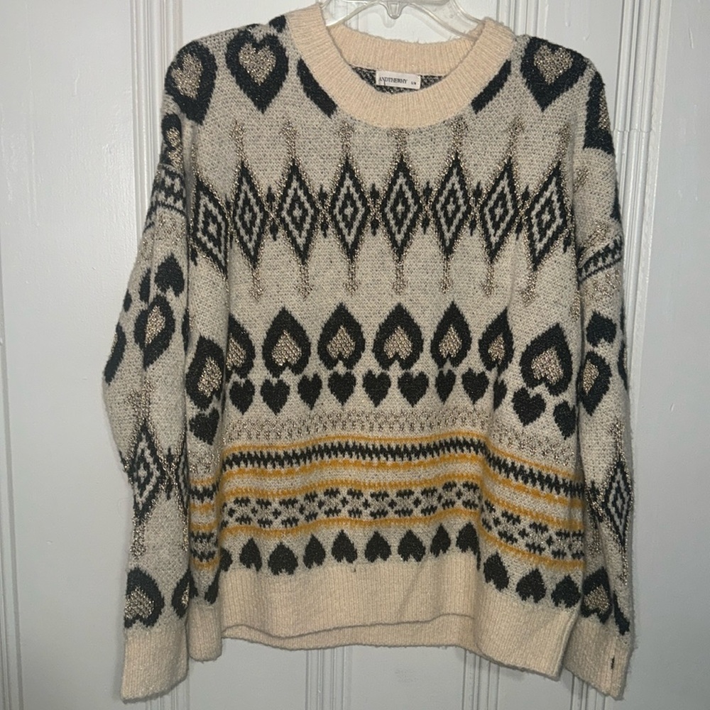 Andthewhy Cream Black Yellow and Gold Crew Neck Sweater Size S/M